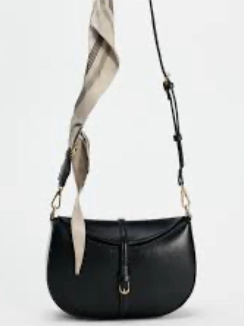 Zara Black Crescent Crossbody Bag with Beige Scarf
